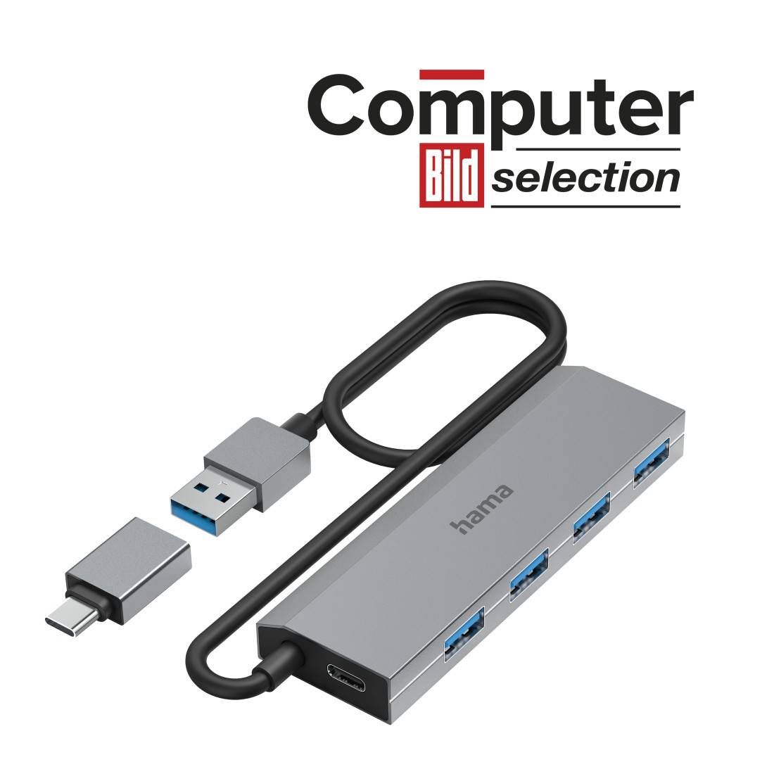hama 00200138 USB-Hub, 4 Ports, USB 3.2 Gen1, 5 Gbit/s, inkl. USB-C-Adapter und Netzteil