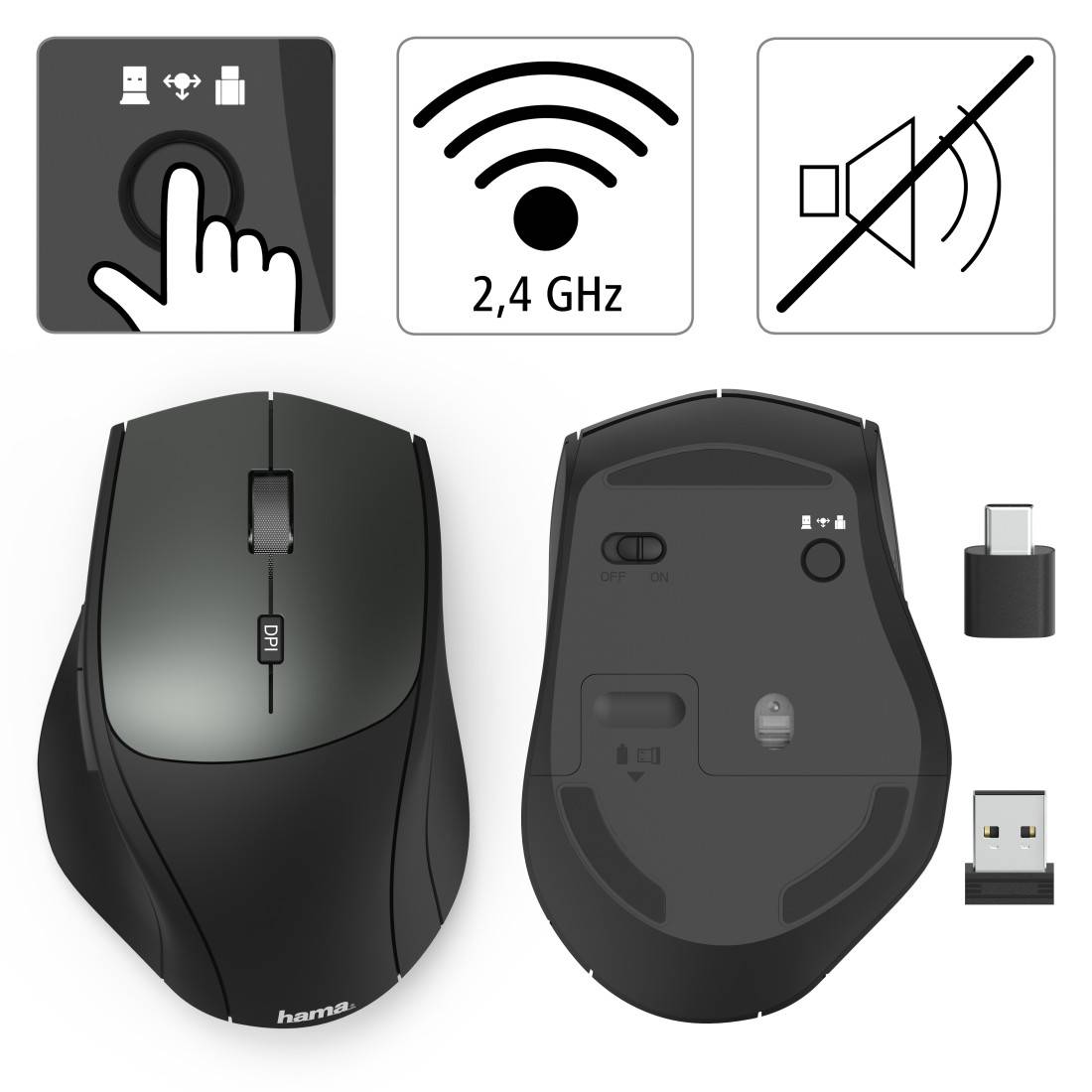 hama 00182616 Optische 6-Tasten-Funkmaus "MW-600", Dual-Modus mit USB-C/USB-A, Schwarz