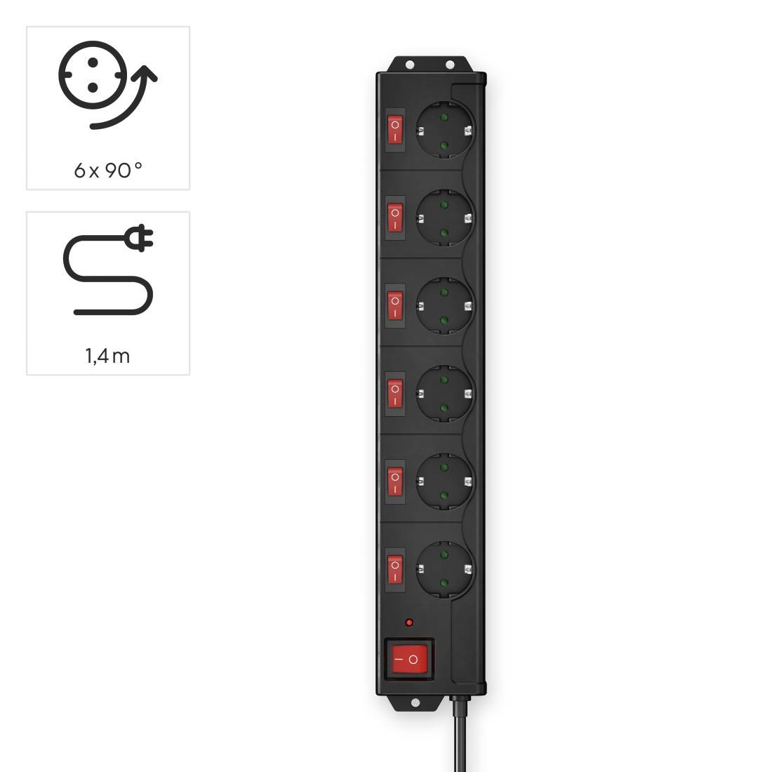 hama 00137259 Steckdosenleiste "6+1", XL, 6-fach, einzeln schaltbar, Schwarz