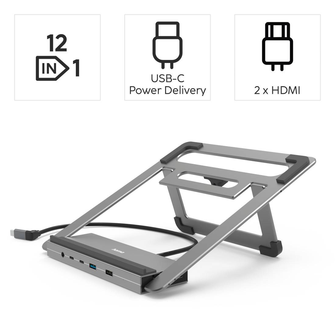 hama 00200139 USB-C-Docking-Station "Connect2Office Stand", Notebook-Stand, 12 Ports
