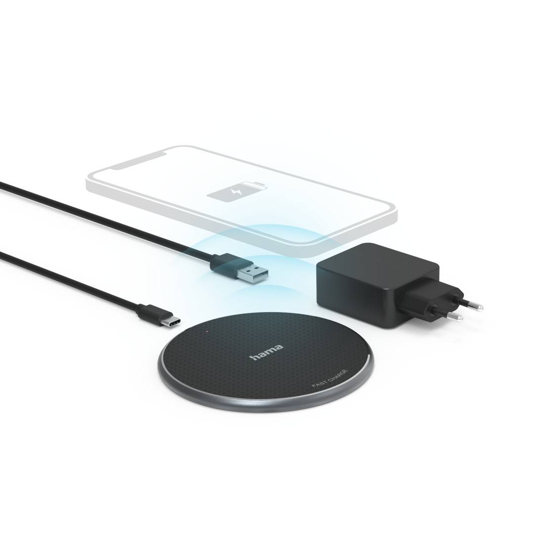 hama 00201688 Wireless Charger Set "QI-FC10", 10 W, kabelloses Smartphone-Ladepad, Schw.