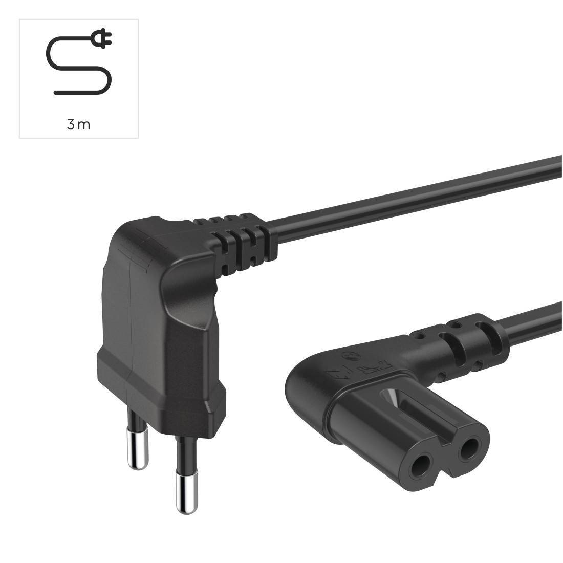 hama 00223284 Netzkabel, beidseitig gewinkelt, Euro-Stecker, Doppelnut/C7, 3 m, Schwarz