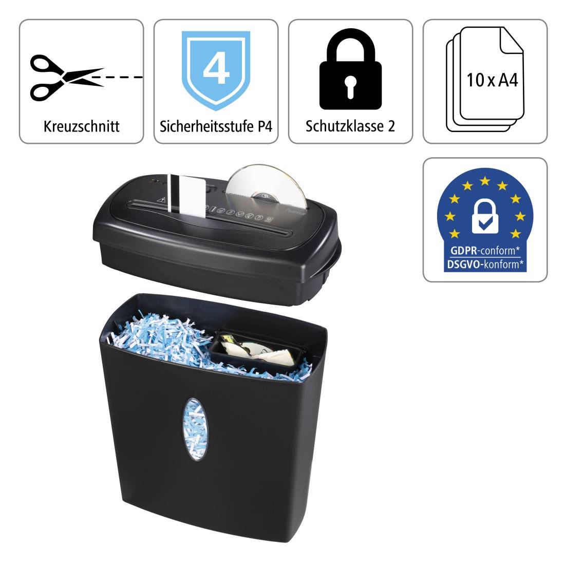 hama 00050543 Aktenvernichter "Home X10CD", Schredder mit Sicherheitsstufe E3 P4 T4