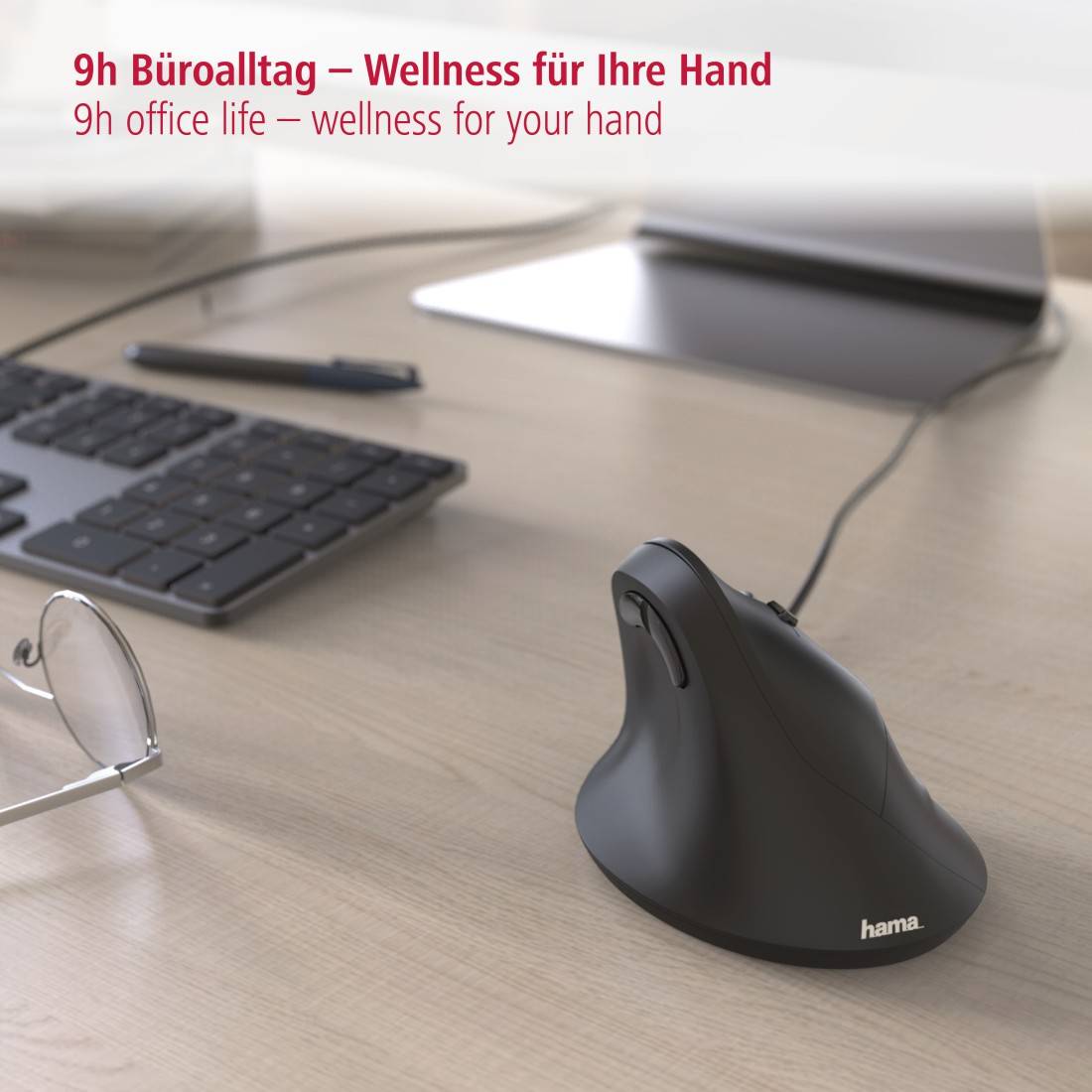 hama 00182698 Vertikale, ergonomische Maus "EMC-500", kabelgebunden, 6 Tasten, Schwarz