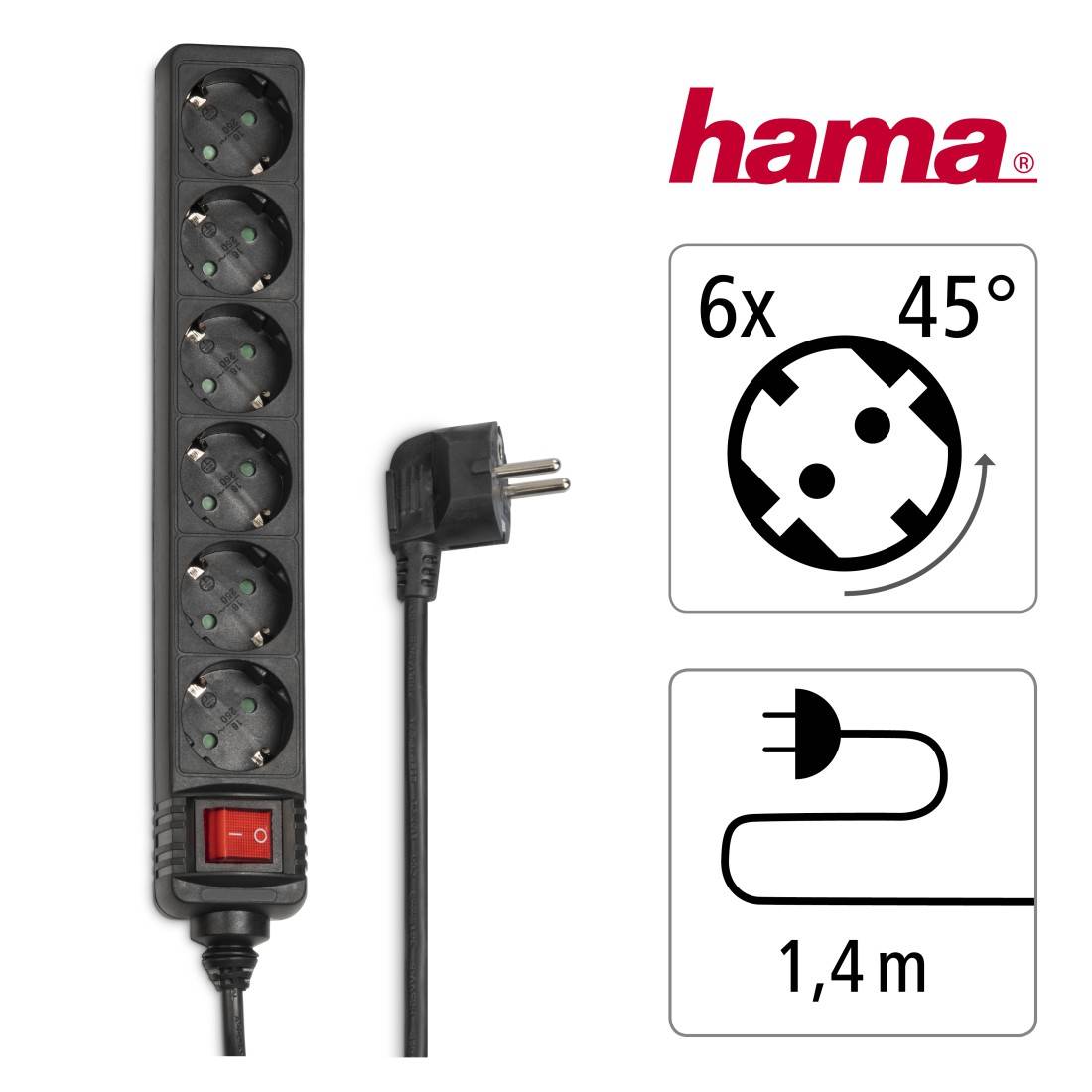hama 00047760 Steckdosenleiste 6-fach, mit Schalter, 1,4 m, Schwarz