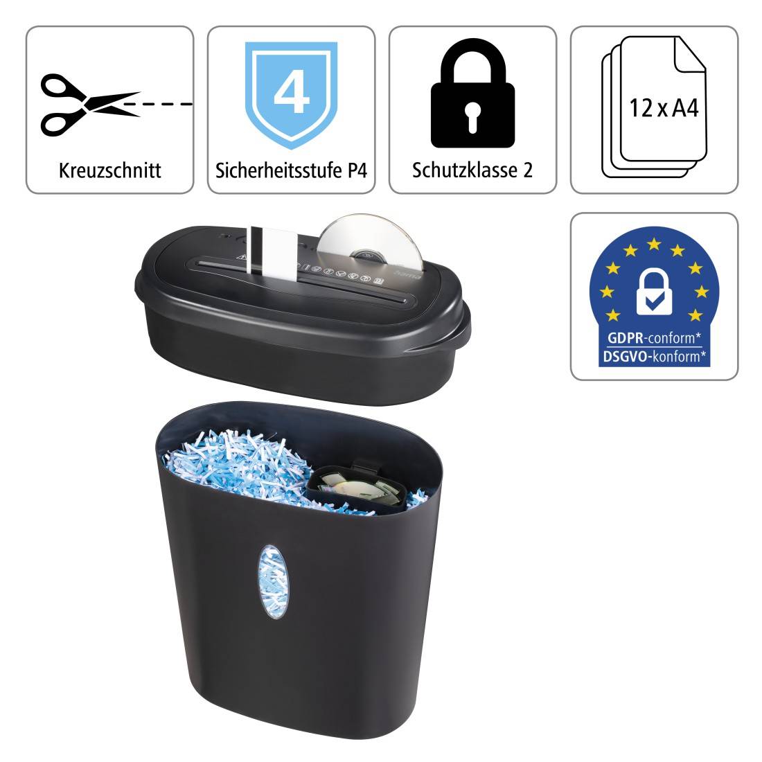 hama 00050544 Aktenvernichter "Home X12CD", Schredder mit Sicherheitsstufe E3 P4 T4