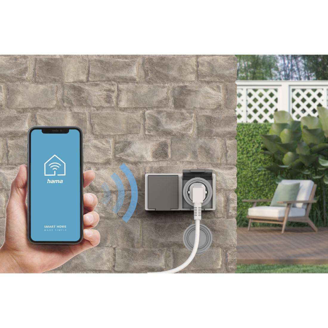 hama 00176624 WLAN-Steckdose "Outdoor" ohne Hub, Sprach- u. App-Steuerung, 2.300W/10A, Gr
