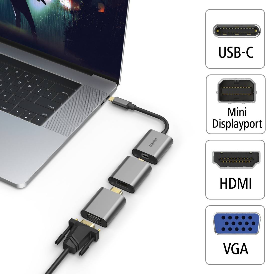 hama 00200306 6in1 Adapter, "Connect2Go", USB-C, Mini-DisplayPort, HDMI™, VGA