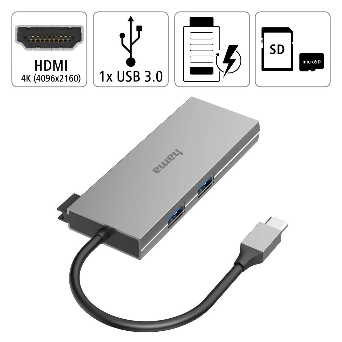 Hama USB-C Hub 6 Ports mit HDMI 4K, 2x USB-A, Alu