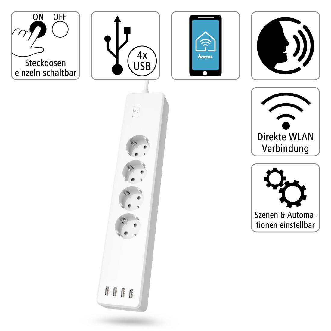 hama 00176574 WLAN-Steckdosenleiste 4-fach, einzeln schaltbar, Überlastschutz, 4-fach USB