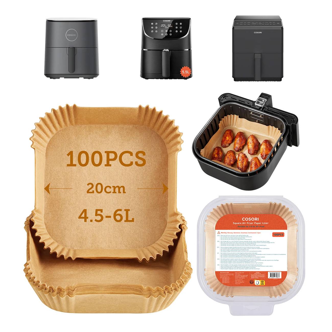 COSORI Backpapier 100 Stück für Heißluftfritteuse 20 cm