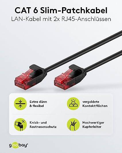 Goobay 93716 CAT 6 Slim Kabel Netzwerkkabel RJ45 Stecker 250 MHz Kupfer Patchkabel Ethernet LAN Kabel U/UTP Schwarz 3m