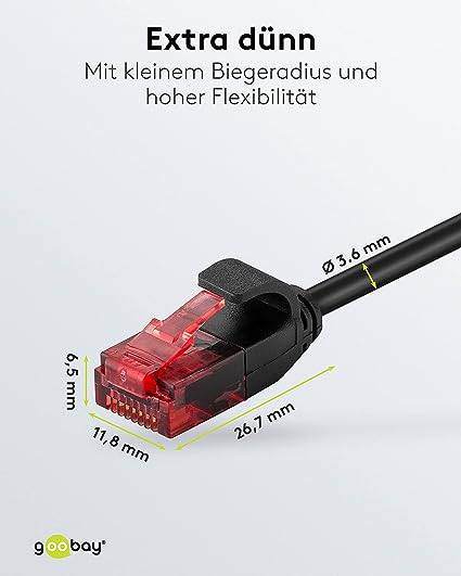 Goobay 93716 CAT 6 Slim Kabel Netzwerkkabel RJ45 Stecker 250 MHz Kupfer Patchkabel Ethernet LAN Kabel U/UTP Schwarz 3m