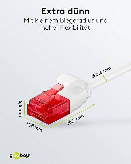 Goobay 93692 CAT 6 Slim Kabel Netzwerkkabel RJ45 Stecker 250 MHz Kupfer Patchkabel Ethernet LAN Kabel U/UTP Weiß 1m