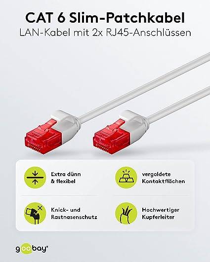 Goobay 93736 CAT 6 Slim Kabel Netzwerkkabel RJ45 Stecker 250 MHz Kupfer Patchkabel Ethernet LAN Kabel U/UTP Grau 20m