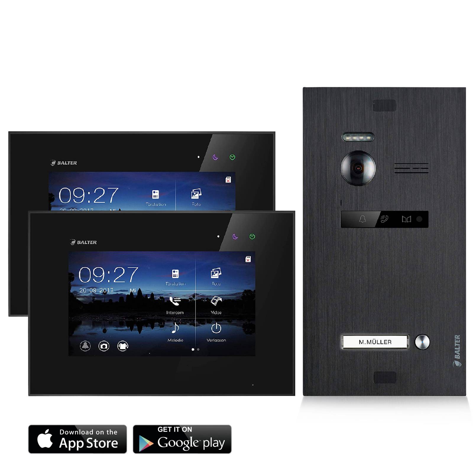 Video Türsprechanlage mit Smartphone App für 1 Familienhaus, Schwarz, 2x Monitore, Balter EVO WLAN Schwarz