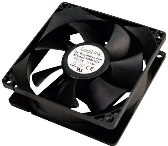 Schwarzer DC-Lüfter von LogiLink, Modell FAN101, mit rundem Etikett in der Mitte, zeigt technische Angaben und eine Spannung von 12V.