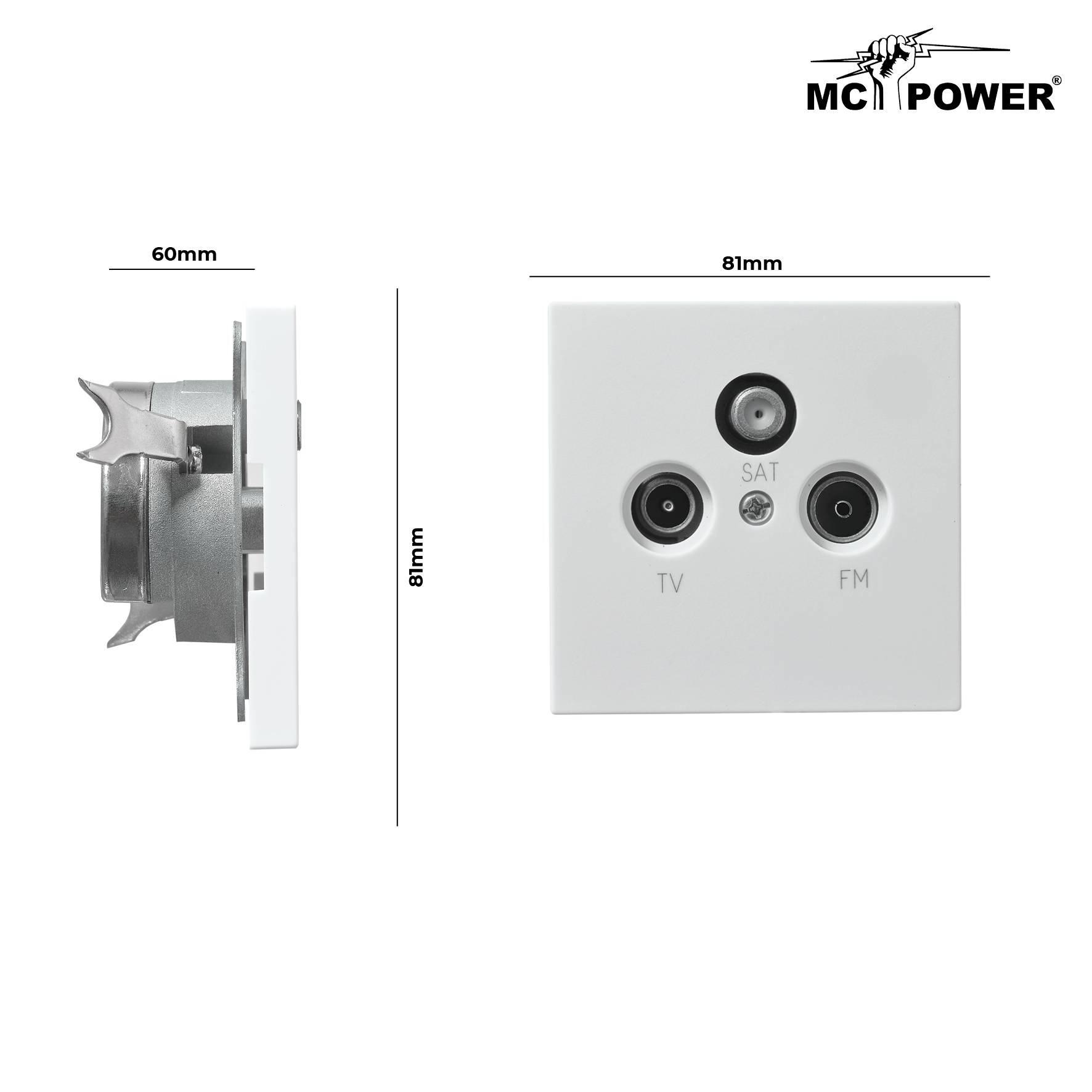 Antennendose McPower "Shallow" für TV, Radio und Sat, UP, weiß