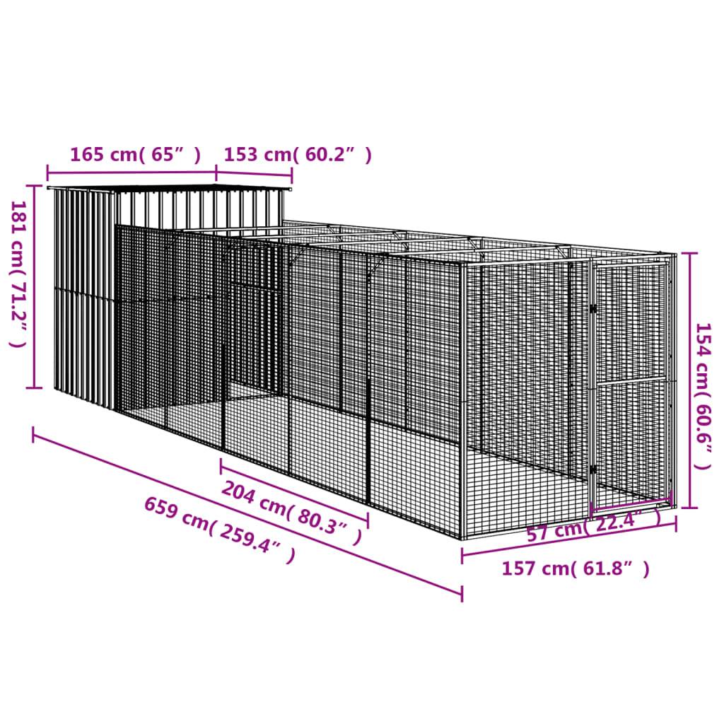 vidaXL Hundehütte mit Auslauf Anthrazit 165x659x181cm Verzinkter Stahl