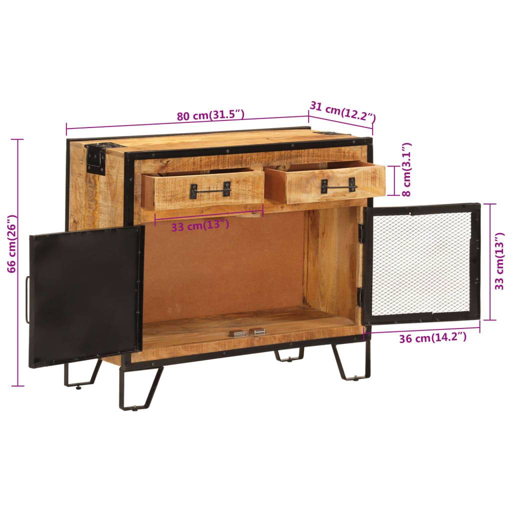 vidaXL Sideboard 80x31x66 cm Massives Raues Mangoholz und Metall