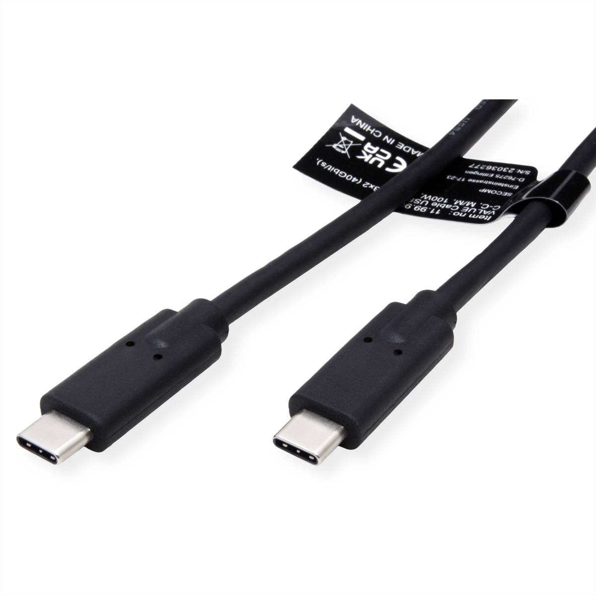 VALUE USB4 Gen3x2 Kabel, C–C, ST/ST, 40Gbit/s, 100W, schwarz, 1 m
