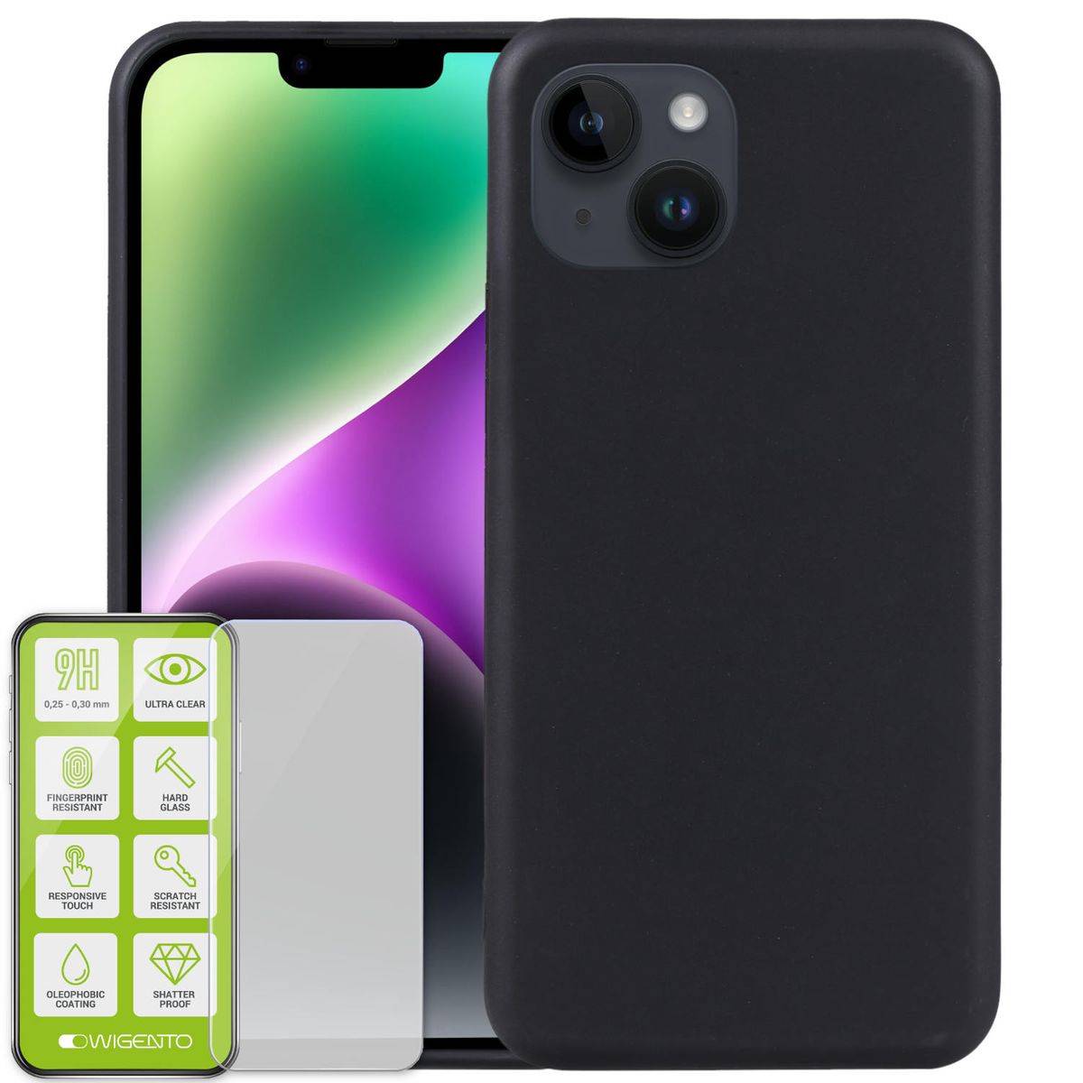 Für Apple iPhone 15 Plus TPU Case Schwarz + 0,26 H9 Glas Hülle Schutz Cover