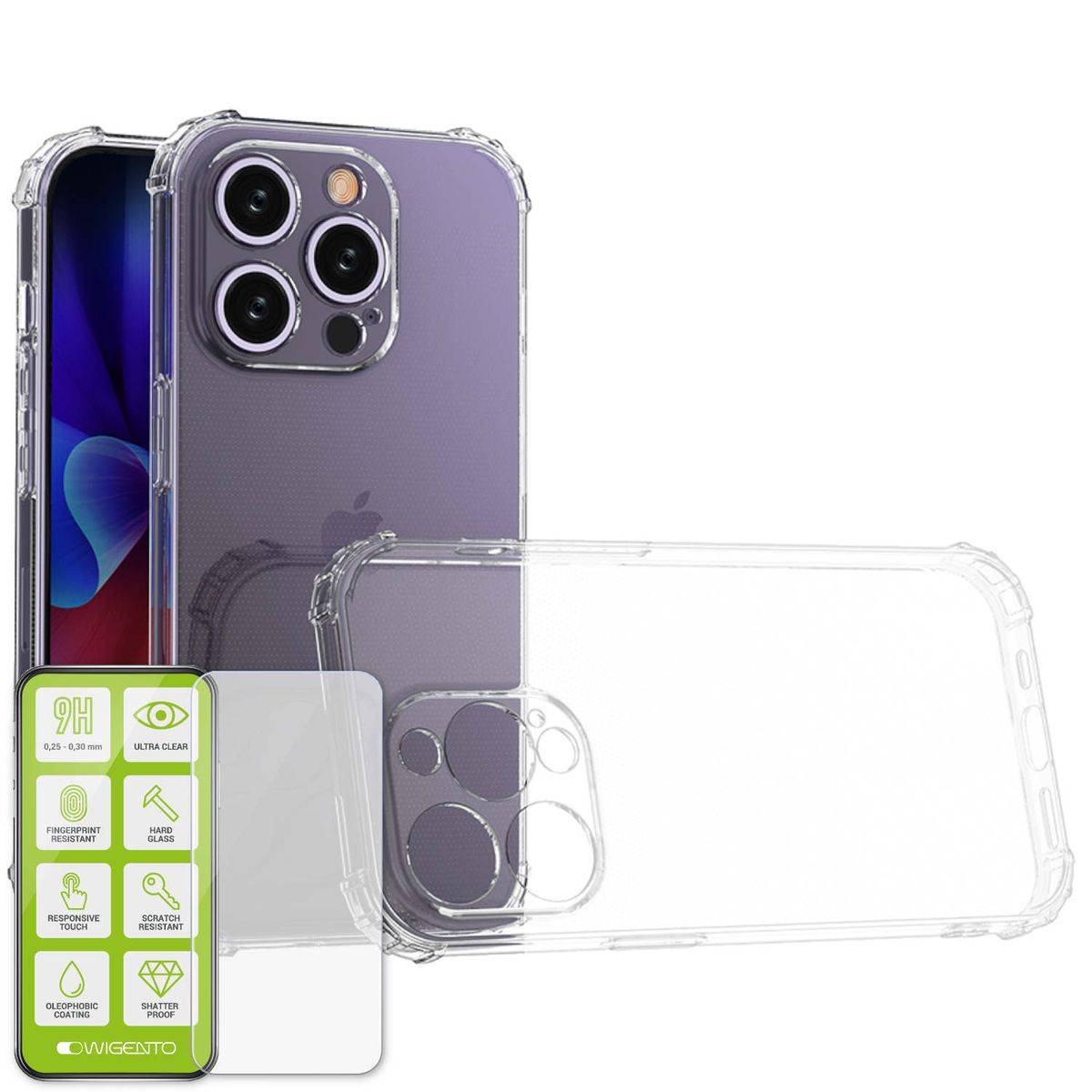 Für Apple iPhone 15 Pro Schock TPU Case Transparent + 0,26 H9 Glas Hülle Schutz