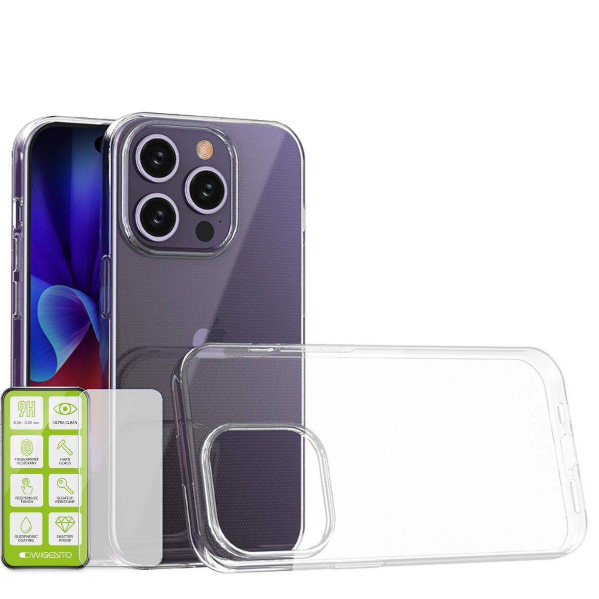 Für Apple iPhone 15 Pro Silikoncase TPU Transparent + 0,26 H9 Glas Handy Tasche Hülle Schutz Cover