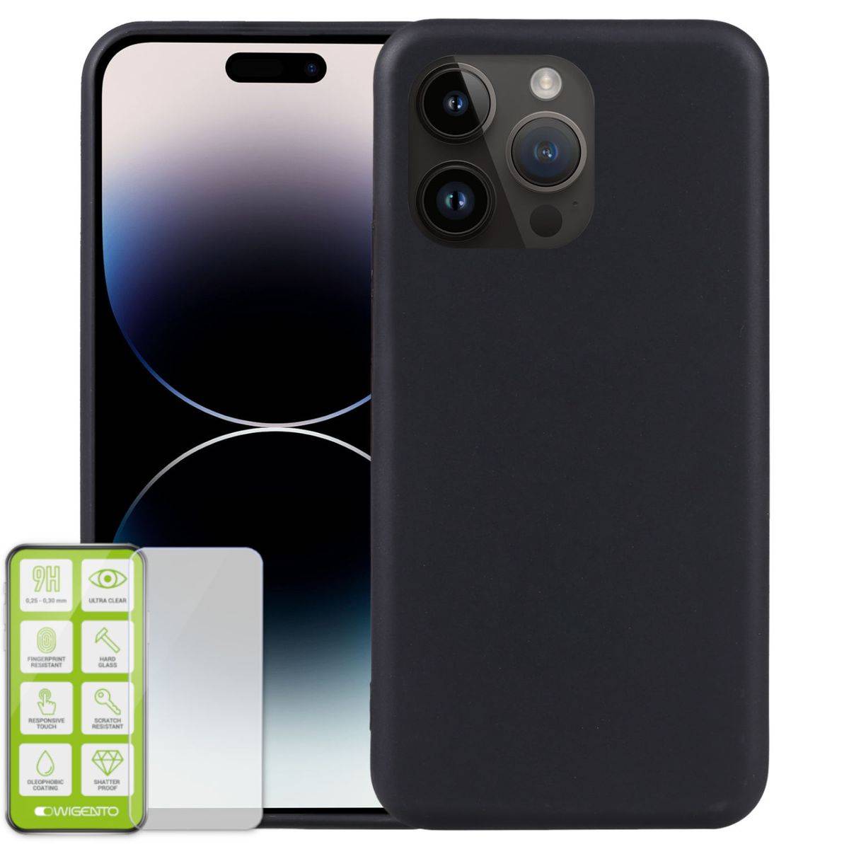 Für Apple iPhone 15 Pro TPU Case Schwarz + 0,26 H9 Glas Hülle Schutz Cover