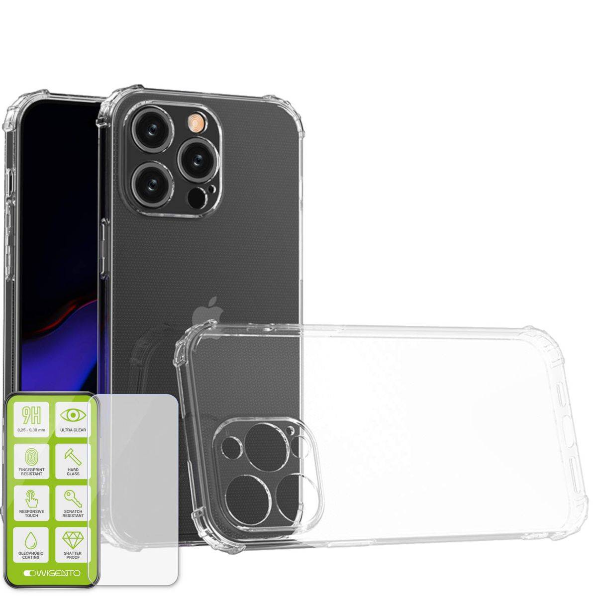 Für Apple iPhone 15 Pro Max Schock TPU Case Transparent + 0,26 H9 Glas Hülle Schutz