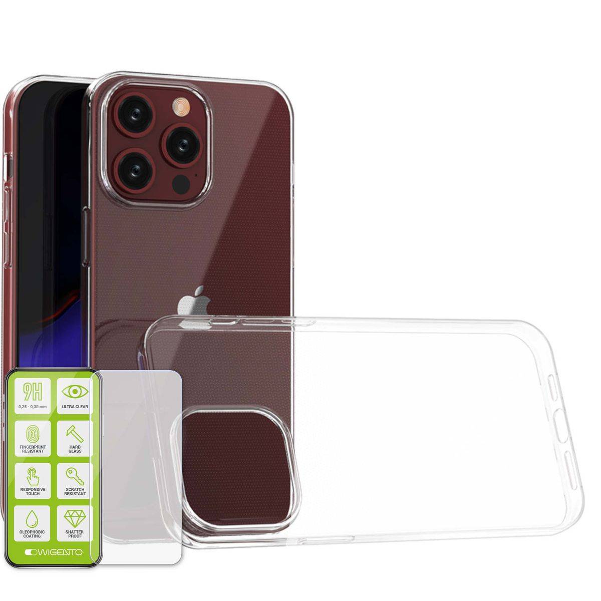 Für Apple iPhone 15 Pro Max Silikoncase TPU Transparent + 0,26 H9 Glas Handy Tasche Hülle Schutz Cover