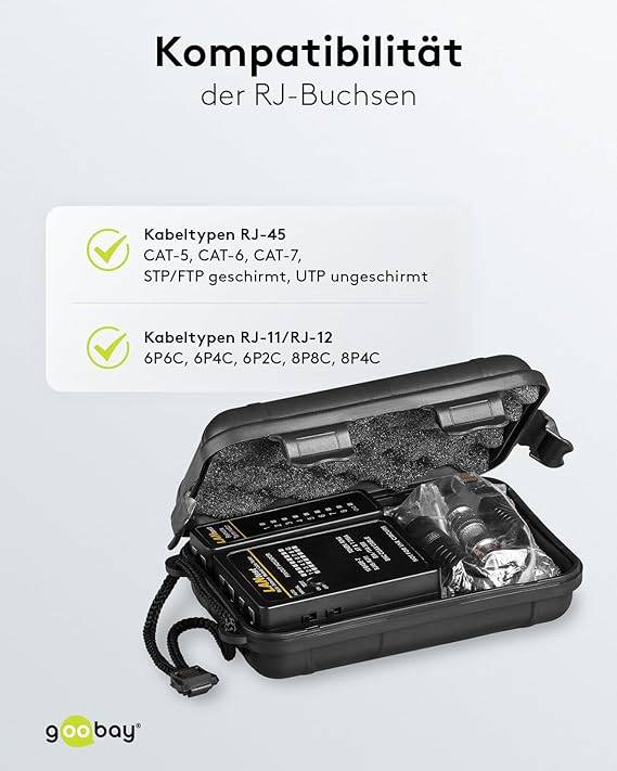 Goobay 93010 Netzwerktester LAN Tester Leitungstester RJ45 RJ11 RJ12 ISDN CAT5 CAT6 BNC Netzwerk Kabeltester Schwarz