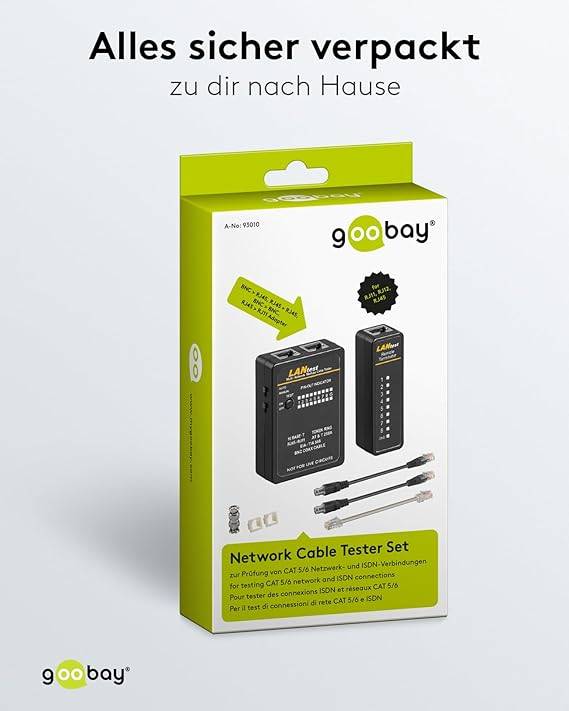 Goobay 93010 Netzwerktester LAN Tester Leitungstester RJ45 RJ11 RJ12 ISDN CAT5 CAT6 BNC Netzwerk Kabeltester Schwarz