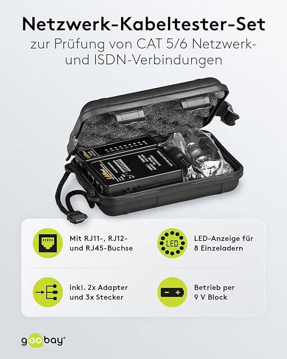 Goobay 93010 Netzwerktester LAN Tester Leitungstester RJ45 RJ11 RJ12 ISDN CAT5 CAT6 BNC Netzwerk Kabeltester Schwarz