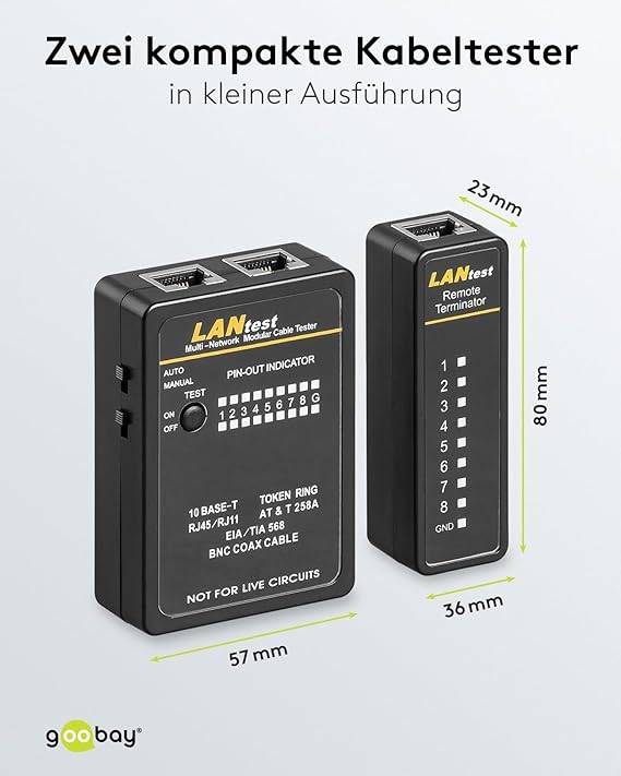 Goobay 93010 Netzwerktester LAN Tester Leitungstester RJ45 RJ11 RJ12 ISDN CAT5 CAT6 BNC Netzwerk Kabeltester Schwarz