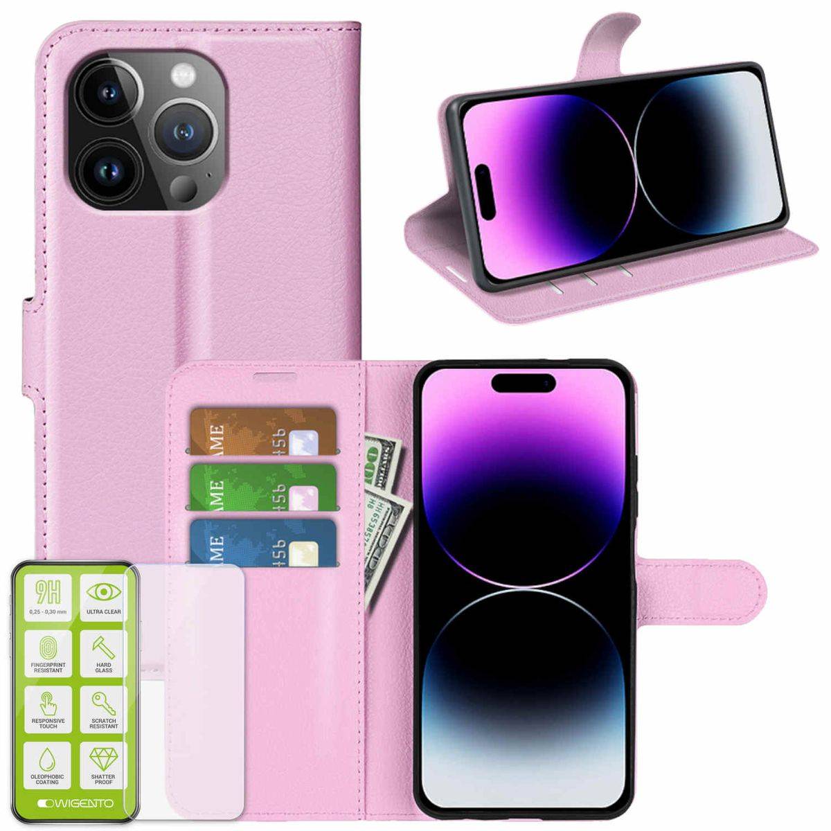 Für Apple iPhone 15 Pro Produktset Handy Tasche Wallet + H9 Hart Glas Schutz Hülle Case Cover Etuis Zubehör Rosa