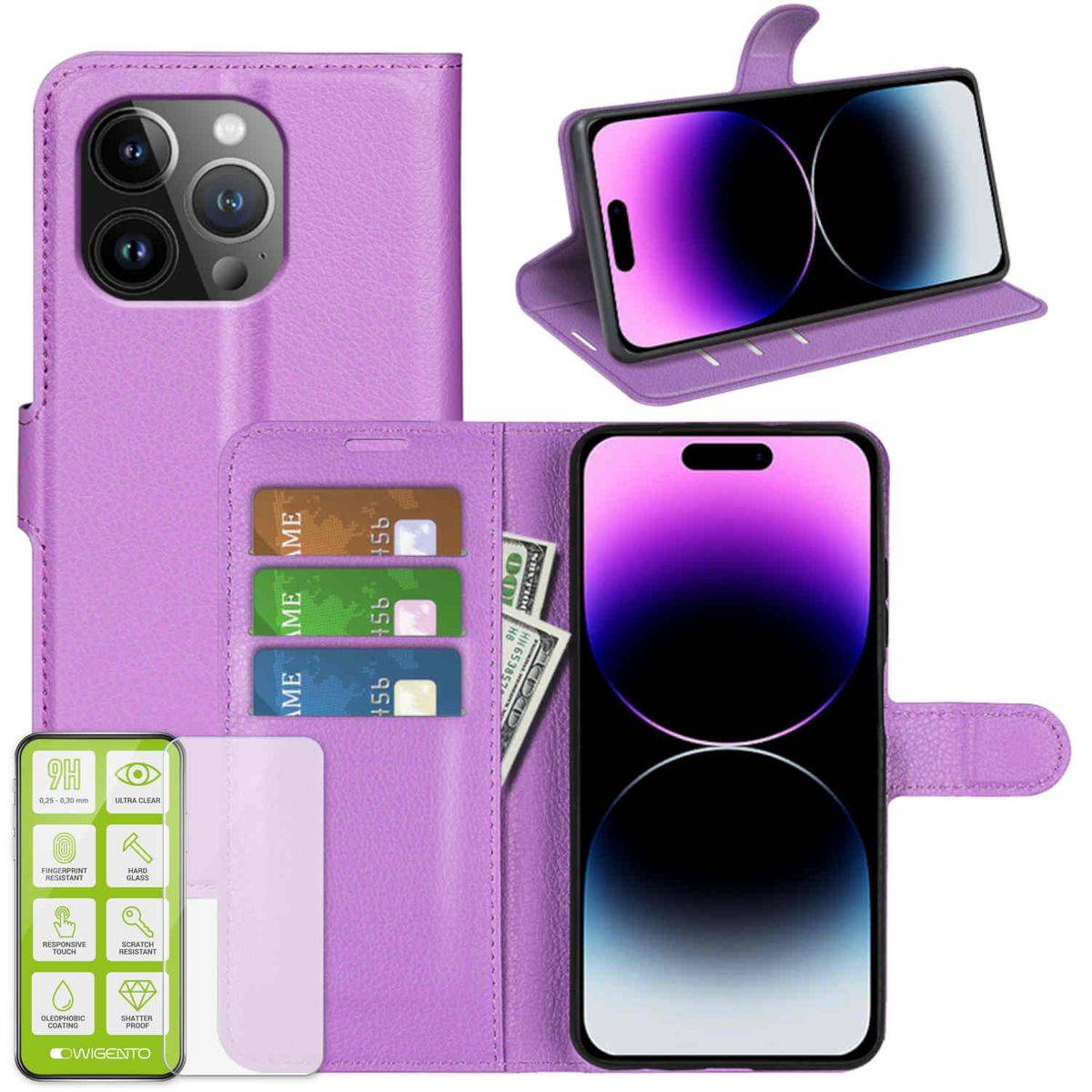 Für Apple iPhone 15 Pro Max Produktset Handy Tasche Wallet + H9 Hart Glas Schutz Hülle Case Cover Etuis Zubehör Lila