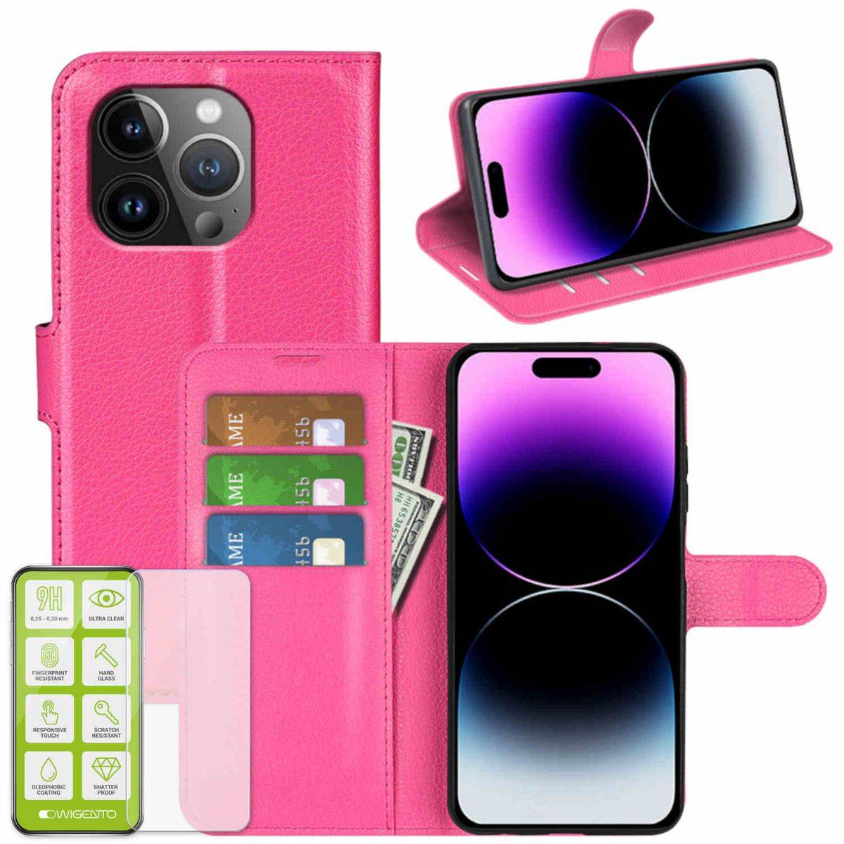 Für Apple iPhone 15 Pro Produktset Handy Tasche Wallet + H9 Hart Glas Schutz Hülle Case Cover Etuis Zubehör Pink