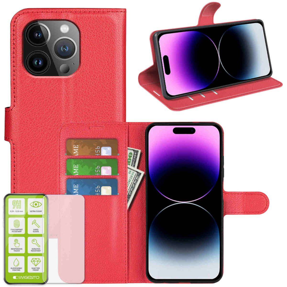 Für Apple iPhone 15 Pro Max Produktset Handy Tasche Wallet + H9 Hart Glas Schutz Hülle Case Cover Etuis Zubehör Rot