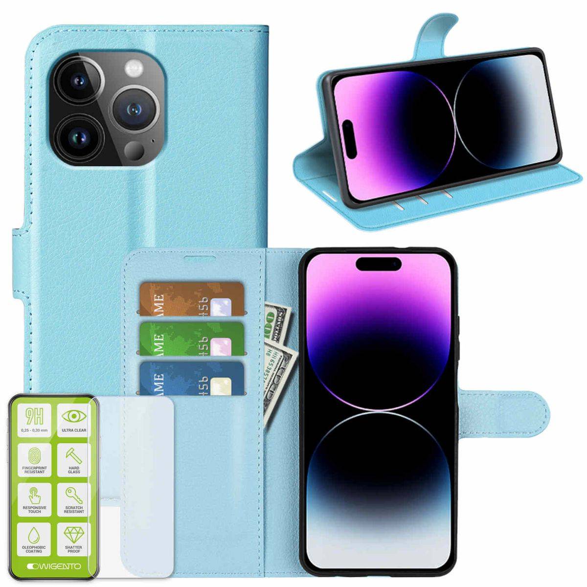 Für Apple iPhone 15 Pro Produktset Handy Tasche Wallet + H9 Hart Glas Schutz Hülle Case Cover Etuis Zubehör Hellblau