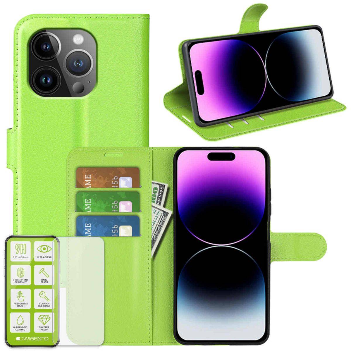 Für Apple iPhone 15 Pro Produktset Handy Tasche Wallet + H9 Hart Glas Schutz Hülle Case Cover Etuis Zubehör Grün