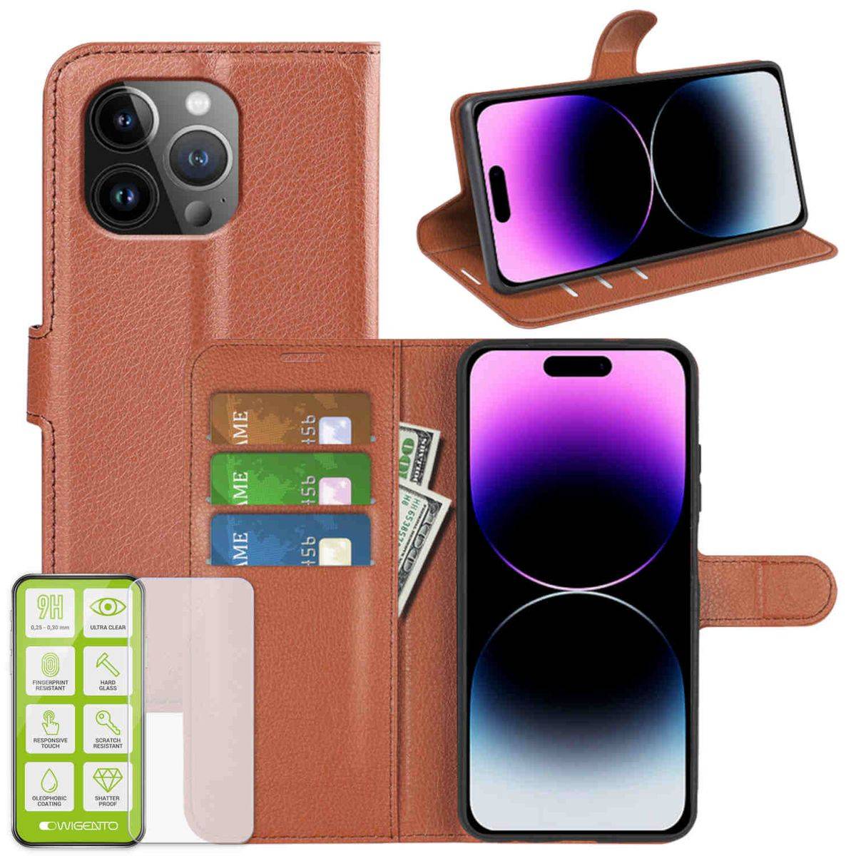 Für Apple iPhone 15 Pro Produktset Handy Tasche Wallet + H9 Hart Glas Schutz Hülle Case Cover Etuis Zubehör Braun