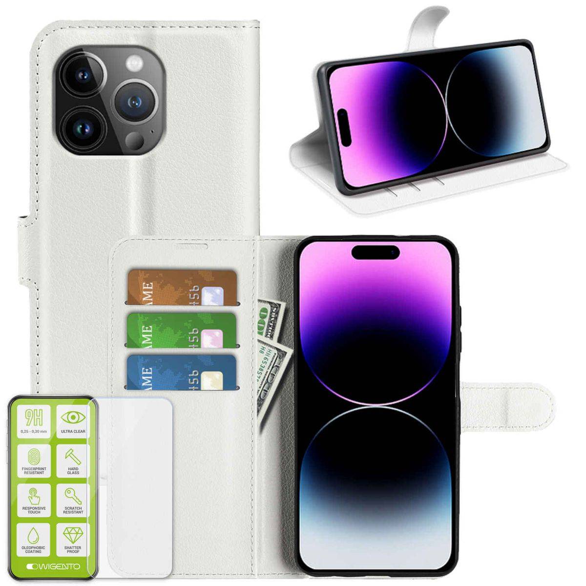 Für Apple iPhone 15 Pro Produktset Handy Tasche Wallet + H9 Hart Glas Schutz Hülle Case Cover Etuis Zubehör Weiß