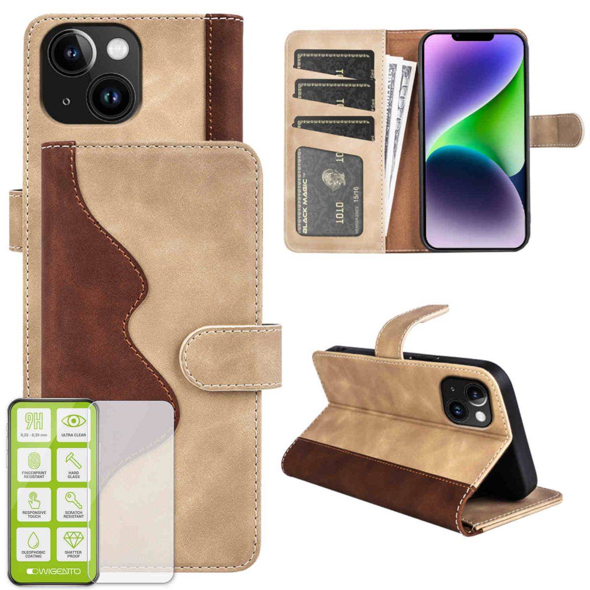 Für Apple iPhone 15 Produktset Design Handy Tasche Wallet + H9 Hart Glas Schutz Hülle Case Cover Etuis Zubehör Braun