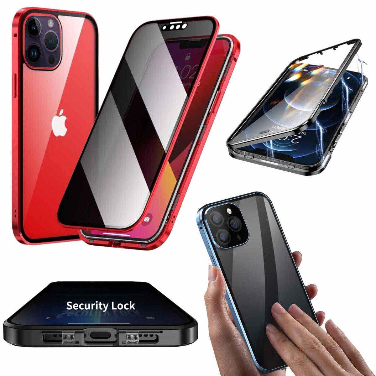 Für Apple iPhone 15 Pro Max Beidseitiger 360 Grad Magnet / Glas Privacy Mirror Case Hülle Handy Tasche Bumper Rot