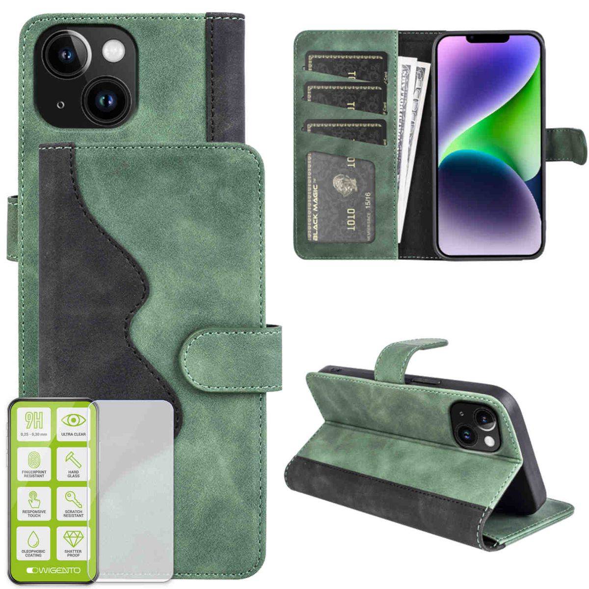 Für Apple iPhone 15 Produktset Design Handy Tasche Wallet + H9 Hart Glas Schutz Hülle Case Cover Etuis Zubehör Grün