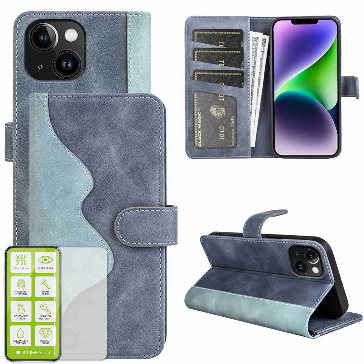 Für Apple iPhone 15 Produktset Design Handy Tasche Wallet + H9 Hart Glas Schutz Hülle Case Cover Etuis Zubehör Blau