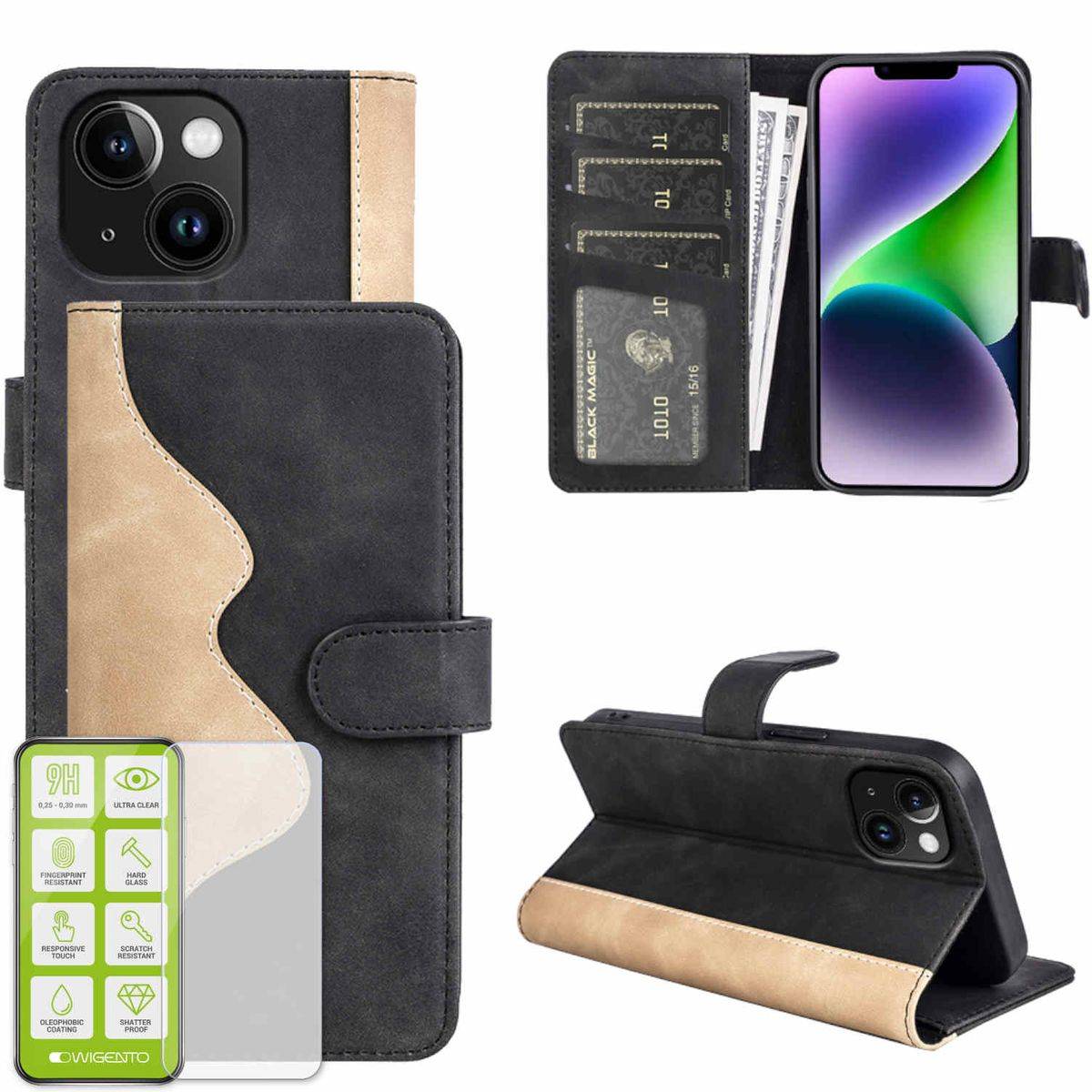 Für Apple iPhone 15 Produktset Design Handy Tasche Wallet + H9 Hart Glas Schutz Hülle Case Cover Etuis Zubehör Schwarz