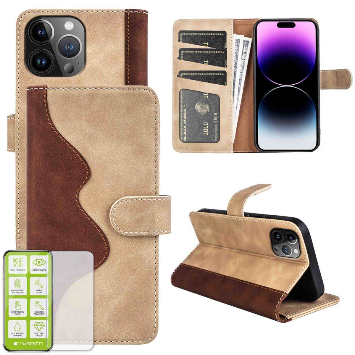 Für Apple iPhone 15 Pro Produktset Design Handy Tasche Wallet + H9 Hart Glas Schutz Hülle Case Cover Etuis Zubehör Braun