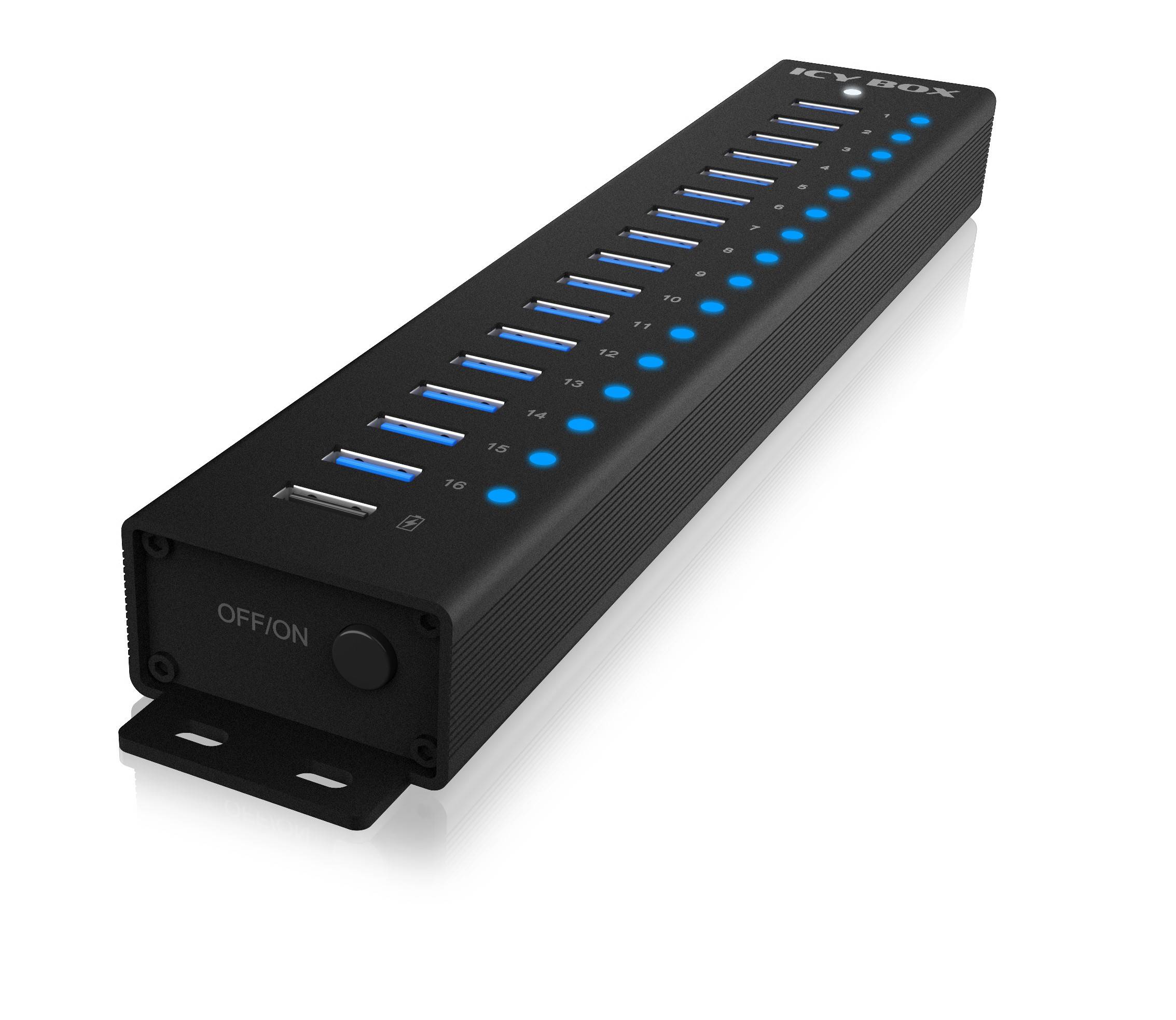 IB-HUB1717-U3, 16+1 port USB Hub, 16x USB, 1x USB Laden, USB 3.2 Gen 1, 96W Netzteil, Aluminium, schw.
